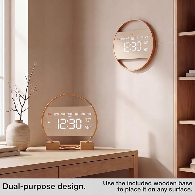 Driini Large Digital Wall Clock -Round Digital Bamboo Wooden Wall Clock with Large Display - LED Wall Clock - Auto-Dimming – Plug in USB with Temperature & Humidity – Large Wall Clock for Living Room.
