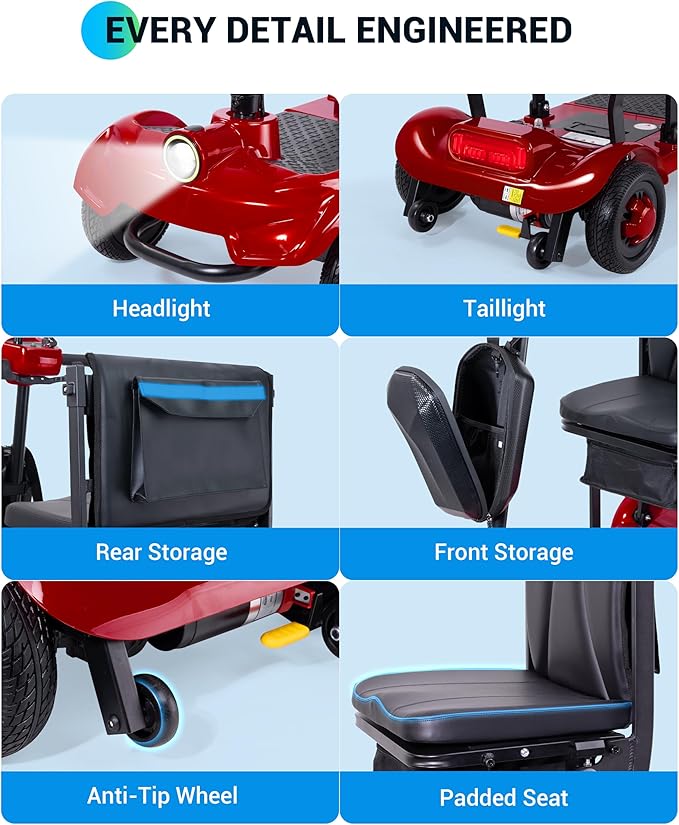 GoldSeason Airline & Cruise Approved Lightweight Mobility Scooter, Portable Foldable Electric Scooter for Seniors/Adults/Elderly/Handicap, 330 lbs Capacity, Compact Travel Scooter with Seat, Red