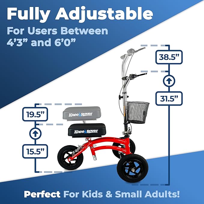 KneeRover Jr All Terrain Knee Scooter for Kids and Small Adults for Foot Surgery Heavy Duty Knee Walker for Broken Ankle Foot Injuries Recovery - Leg Scooter Knee Crutch Alternative (Red)