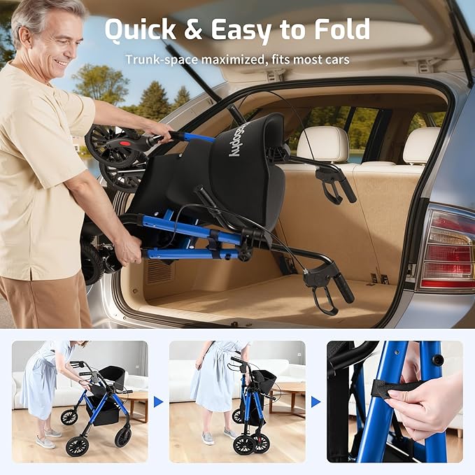 2 in 1 Rollator Walker for Seniors with Seat, Walker Wheelchair Combo, Transport-Wheelchair-Lightweight-Foldable with Adjustable Seat and Handle, 300 Lb. Weight Capacity, Blue
