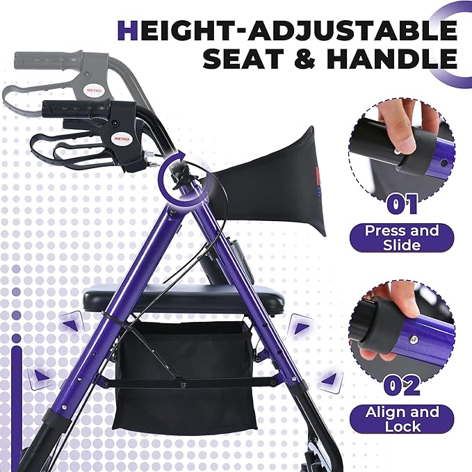 Metro Mobility 2 in 1 Rollator Walker & Transport Wheelchair, Foldable Lightweight Rollator Walker with Seat for Seniors, 8" Big Wheels for All Terrain, 300 lb. Weight Capacity, Purple