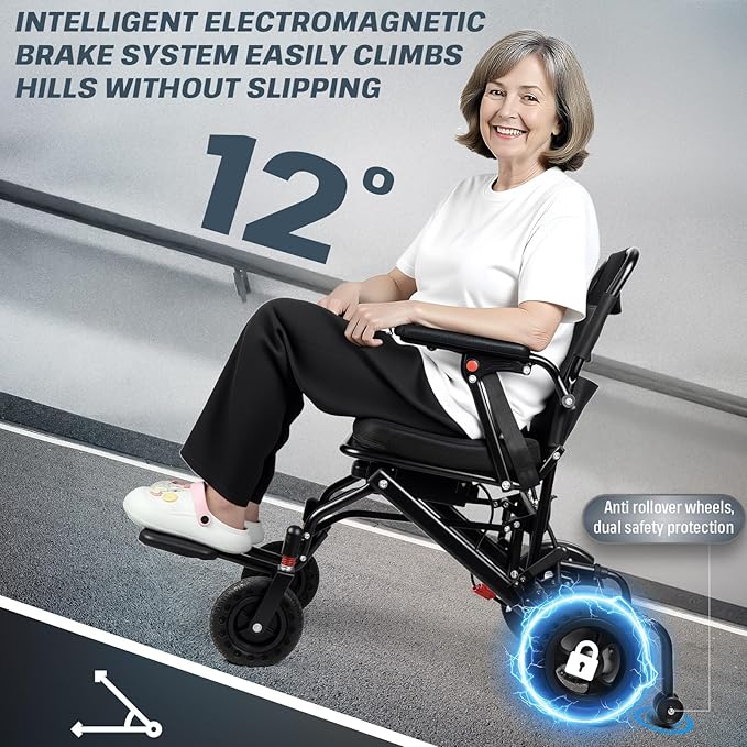 Foldable Electric Wheelchair for Adults with Dual 250W Motors,12 Miles Travel Range & All-Terrain Tires,33Lbs Ultra Lightweight Power Wheelchair Airline Approved for Seniors Support 220Lbs (Black)