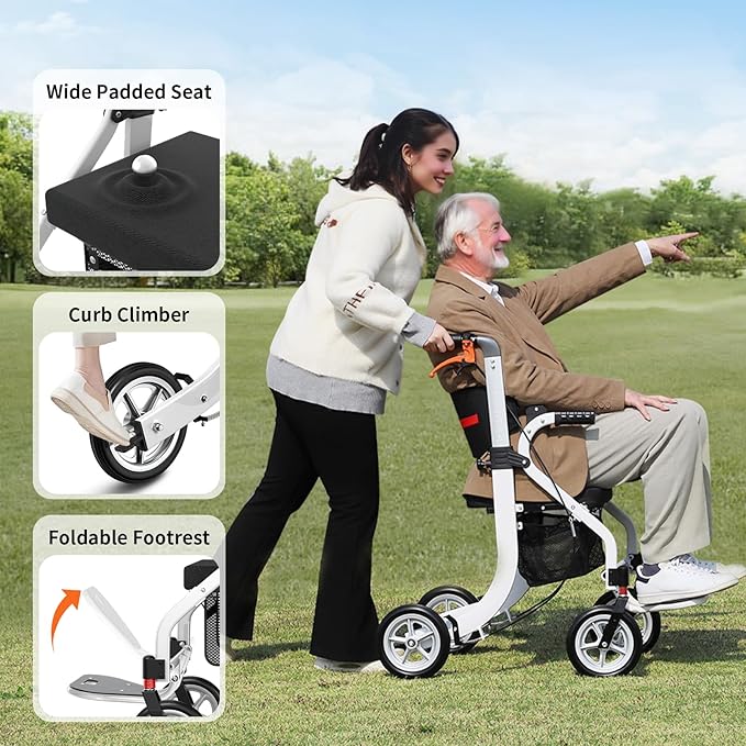 Nihhcune 4-in-1 Mobility Wheelchair Combination, No Installation Design, Walkers for Seniors, Foldable Walker with Seat, Rollator Walker with Durable Aluminum, Ergonomic Design Rolling Walker, White