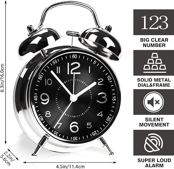 AYRELY Super Loud Alarm Clock for Heavy Sleepers Adults,Twin Bell Retro 4 Inch Silent Non-Ticking Quartz with Backlight, Metal dial, Alarm Clocks for Bedrooms Bedside (Black)
