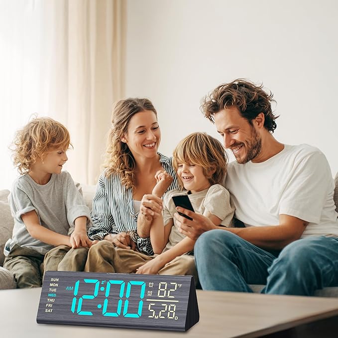 Solid Wood Digital Alarm Clock for Bedroom - 8.8 Inch Large Display, Multicolor Backlight Time Display, Dual Alarms, Date/Temp/Day, DST, Snooze, Black