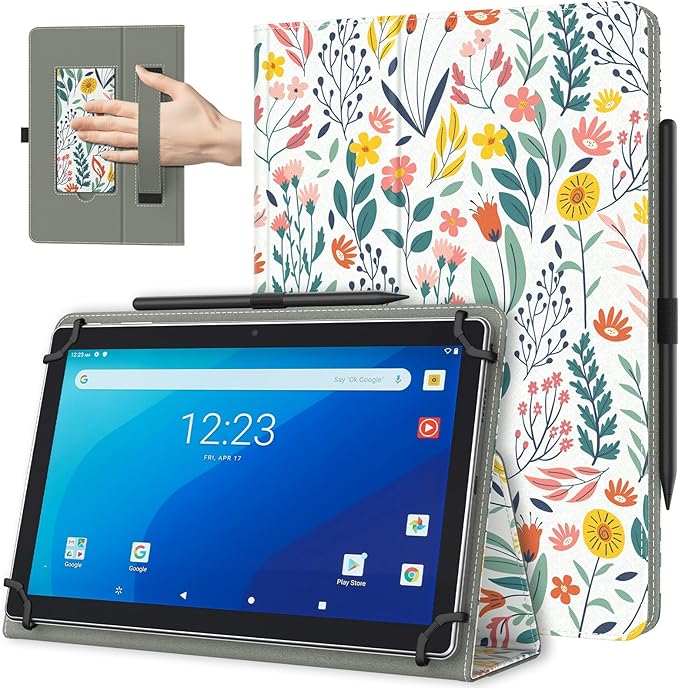 TiMOVO Universal Case for 10.1 Inch Android Tablet with Pen Loop, Lightweight Folding Stand Cover with Hand Strap for All 9.6"-11" Touchscreen Tablet, Flowers