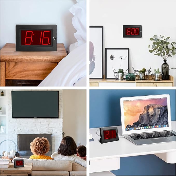 KWANWA Large Digital Alarm Clock, 3" LED Display Battery Operated, Dimmable Auto Night Mode, Easy to Read for Seniors Visually Impaired, Cordless Wall Clock or Table Clock for Bedroom Kitchen Office