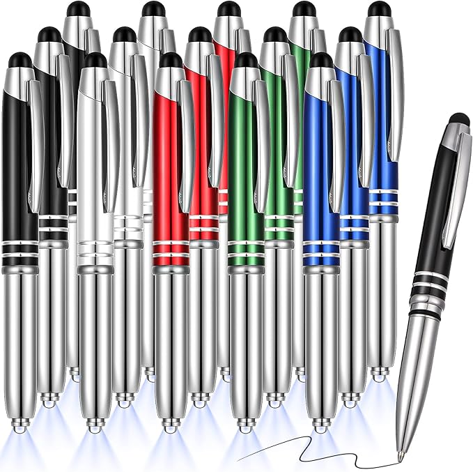Zonon 15 Pieces 3 in 1 Ballpoint Pen with LED Flashlight and Stylus Tip Multi-Function Capacitive Pen, 1.0 mm Black Ink Metal Ballpoint for Touch Screens Nurse Teacher Gifts(Delicate Colors)