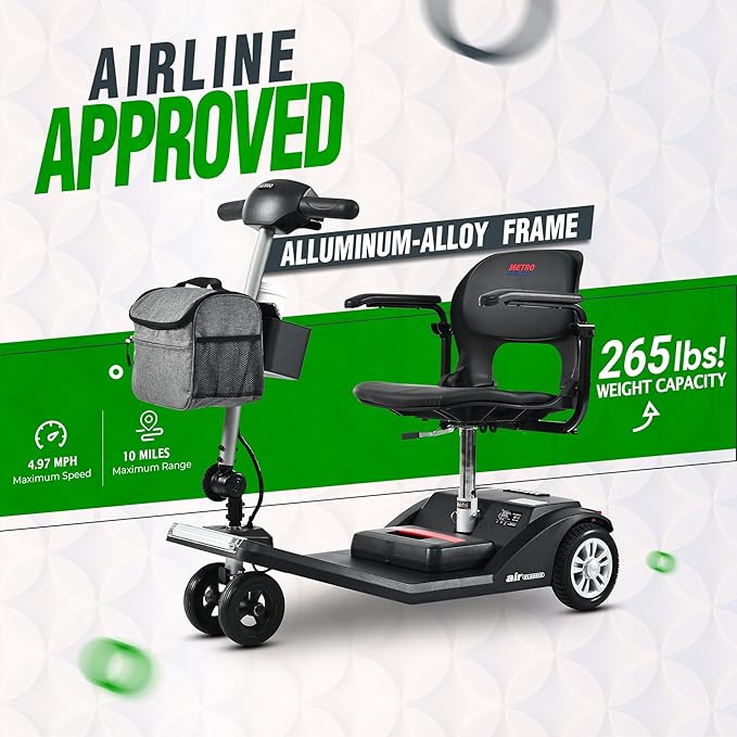 250W Airline Approved Mobility Scooters for Adults & Seniors 265lbs Capacity, 4 Wheel Folding Powered Mobility Scooters with Storage Bag, Lightweight Electric Scooter with & USB Charger Port (Black)