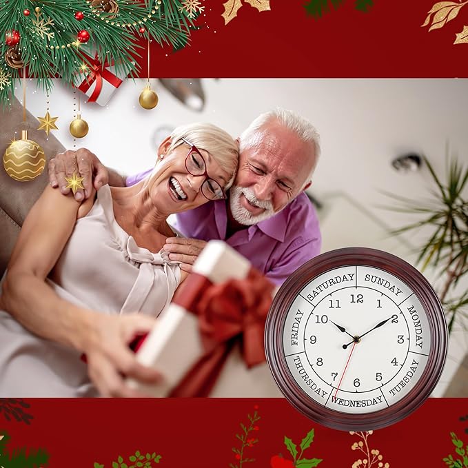 Day of the Week Clock 14 Inch Round Retirement Wall Clock with Wood Frame for Men Women Red Brown