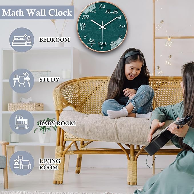 QINFIEY 12 Inch Math Wall Clock Silent Non Ticking Movement Quality Quartz Wall Clock for Office Classroom/School/Home/Kitchen/Living Room Wall Decorations (Blue)