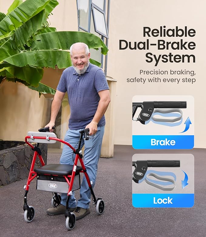 Walker for Seniors, 380lb Capacity, Walker with Seat & Backrest, All-Terrain Wheels, Adjustable Height, Foldable Compact Design