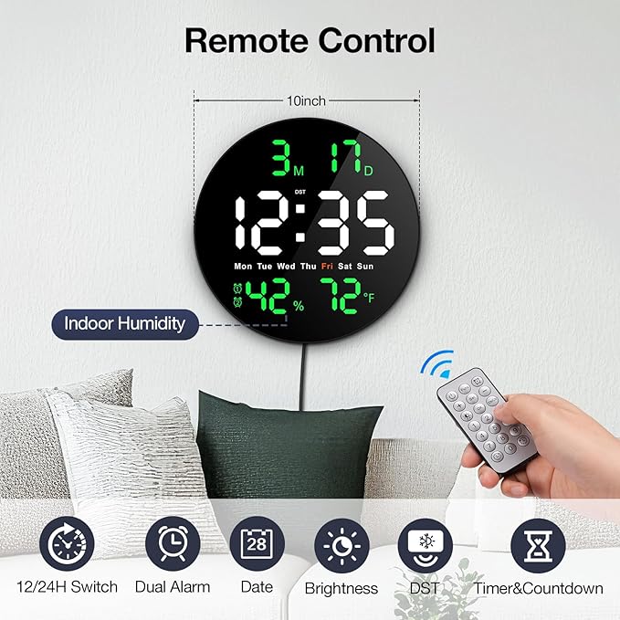 Large Digital Clock for Classroom, Digital Classroom Clocks for Teachers, 10" Round LED Clock with Large Display，Date, Countdown Timer, Remote Control, Temperature, Electric (Green)