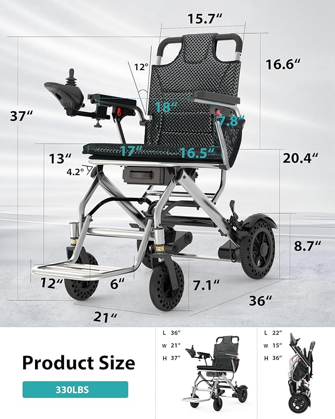 33 lb Lightweight Electric Wheelchairs for Adults - 15 Miles Range Foldable Portable Mobility Wheelchair Electric, 360W All Terrain Power Wheelchair, 330 lb Capacity, Airline Approved