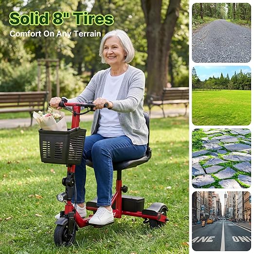 Hoverfly T3 Folding Powered Mobility Scooter for Seniors, Portable 3-Wheel E-Scooter with Seat, 13-Mile Range Safe LiFePO4 Battery, 264 lbs Load &Solid 8" Tires, Fits in Car Trunks for Daily Rides Red