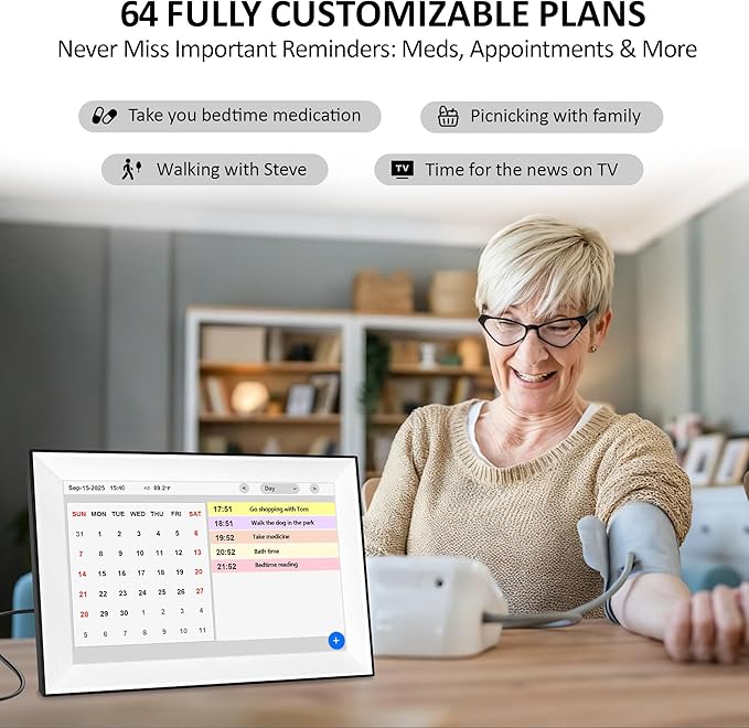 WiFi Touch Screen Digital Calendar Clock, 64 Custom Alarms, with Auto-Sync Time & Date, 7-Day Weather Forecast, Weekly Schedules Desk Clock (10.1" White)