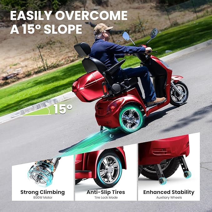Super Large Electric 3 Wheel Mobility Scooters, 800W Wheelchair Device, 500 LBS Capacity Electric Wheelchair for Seniors & Adults, Speed Adjust, Remote Key, Receive Ready to Ride (RED RED)
