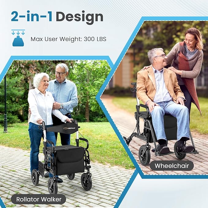 Goplus Walkers for Seniors with Seat, 2 in 1 Folding Rolling Rollator Walker & Wheelchair Combo with Brakes, 9" Pneumatic Tires for All Terrain, Aluminum Adult Mobility Walking Aid