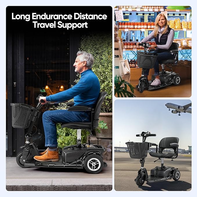 3 Wheel Mobility Scooters for Adults，Collapsible Electric Powered Wheelchair，Portable Compact Motorized Scooter for Travel，Long Range Power，Battery with Charger，Basket and Cup Holder (Black)