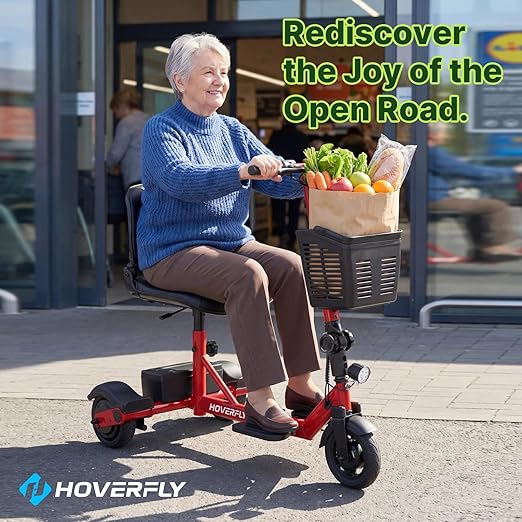 Hoverfly T3 Folding Powered Mobility Scooter for Seniors, Portable 3-Wheel E-Scooter with Seat, 13-Mile Range Safe LiFePO4 Battery, 264 lbs Load &Solid 8" Tires, Fits in Car Trunks for Daily Rides Red