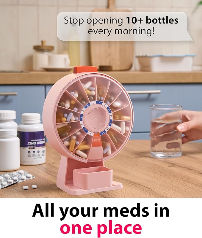 14-Day Rotating Pill Dispenser Wheel Push Button Wall-Mount or Desktop for Seniors