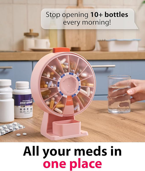 14-Day Rotating Pill Dispenser Wheel Push Button Wall-Mount or Desktop for Seniors