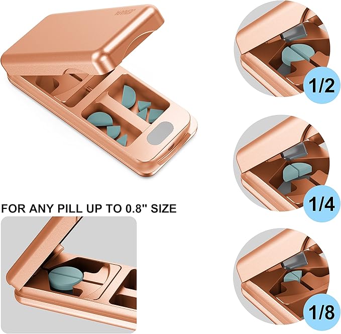 JEINAPA Pill Cutter with Auto Centering Device, Aluminum Pill Splitter with 316L Stainless Blade, Genuine Leather Case, Professional Pill Splitter for Cutting Small Pills or Large Pills (Rose Gold)
