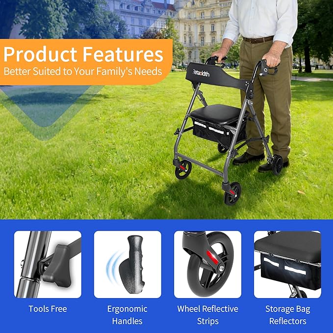 Rollator Walkers for Seniors with Seat, Foldable & One-Hand Carry, Upgraded Rolling Walker with Seat for Seniors, Handles Height Adjustable Rolling Walker for Seniors, Walking & Seated Rest, Grey