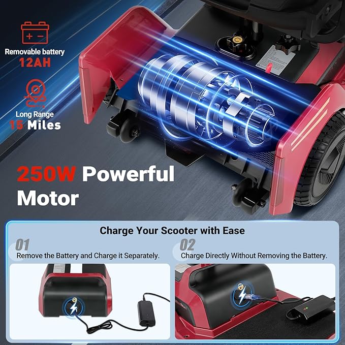 NFC One-Touch Keyless Unlock 4-Wheel Foldable Mobility Scooter for Seniors & Adults, 15 Mile Range, 3.7 MPH, Removable Battery, Digital Display, 300 lb Capacity, Red