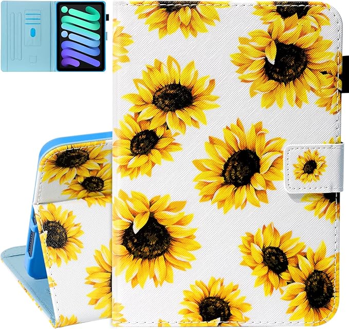 Dteck for iPad mini A17 Pro/A15 Bionic Case 8.3" 7/6th Generation 2024/2021 Release, PU Leather Protective Case with Auto Sleep Wake & Adjustable Stand, Lightweight Cute Slim Folio Cover, Sunflowers