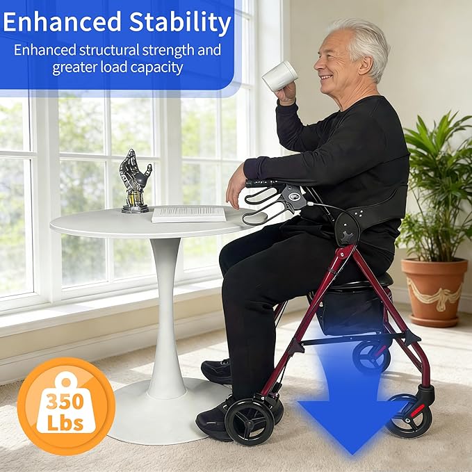 Rollator Walkers for Seniors with Seat, Foldable & One-Hand Carry, Upgraded Rolling Walker with Seat for Seniors, Handles Height Adjustable Rolling Walker for Seniors, Walking & Seated Rest, Red