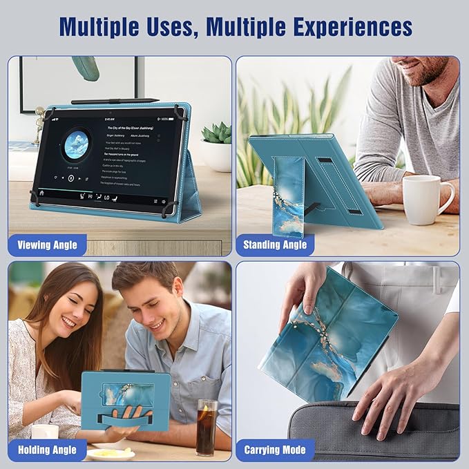 TiMOVO Universal Case for 10.1 Inch Android Tablet with Pen Loop, Lightweight Folding Stand Cover with Hand Strap for All 9.6"-11" Touchscreen Tablet, Cloud Peacock Blue