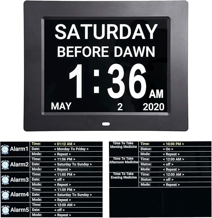 Yescom 8" LCD Day Clock Digital Calendar Alarm Large Dementia Table Home Office 2 Pack