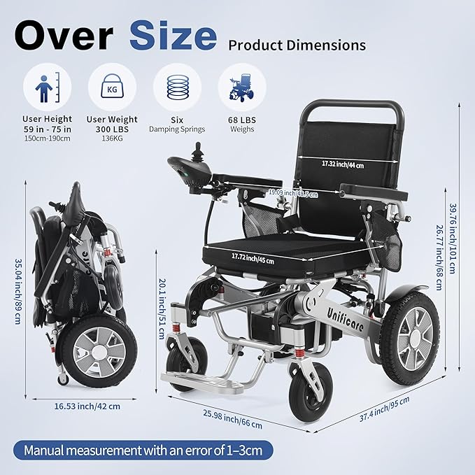 Unificate Foldable Electric Wheelchair for Adults: 3.7 MPH Max Speed & 5-Speed Adjustable | Smooth Start & Auto Brake | 300 lbs Capacity | Travel Mobility Scooter
