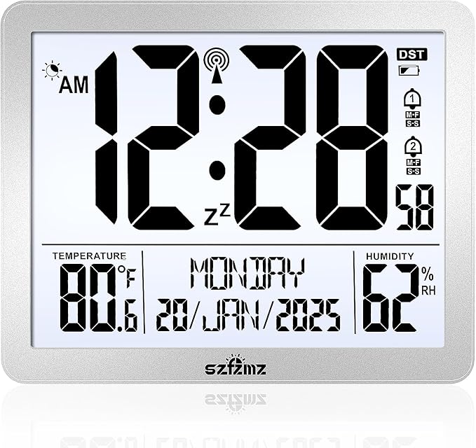 Digital Wall Clock Battery Operated with Backlight, Atomic Alarm Clocks with Indoor Temperature & Humidity for Bedrooms, Office, 8.5" Small Desk Clock with Large Display for Seniors, Auto DST, Sliver