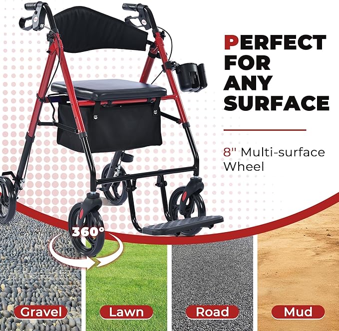 Metro Mobility 2 in 1 Rollator Walker & Transport Wheelchair, Foldable Lightweight Rollator Walker with Seat for Seniors, 8" Big Wheels for All Terrain, 300 lb. Weight Capacity, Red