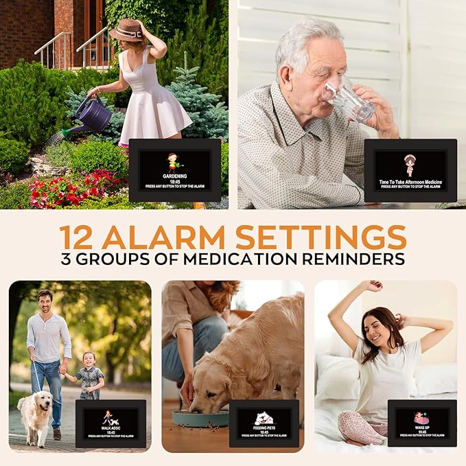 Digital Clock for Seniors with Day Date Time Large Display - 7 Inch Large Print Dementia Clock for Memory Loss and Visually Impaired, 12 Alarm Options, Non-Abbreviated, Black