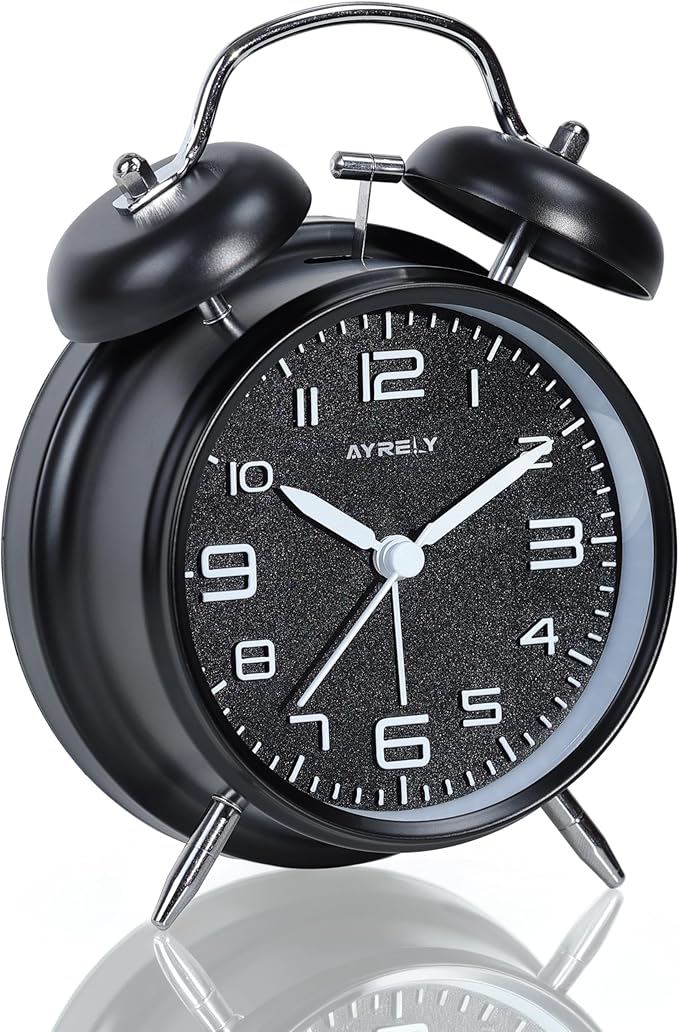 AYRELY® Super Loud Twin Bell Alarm Clock for Heavy Sleepers Adults, 4-Inch Retro Silent Non-Ticking with Night-Light, 3D Raised Number Dial, Battery Operated for Bedroom Bedside(3D Dial – Black)