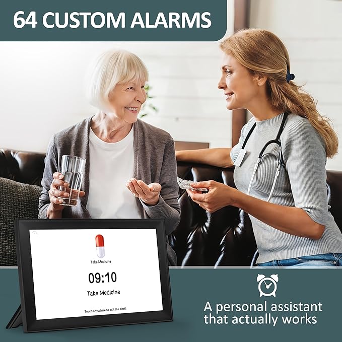 10.1" Touchscreen Digital Clock Large Display, Dementia Clocks for Seniors Custom 64 Alarms and Reminders, Auto DST, Auto-Dimming, Digital Alarm Clock with Day and Date for Elderly(Black)