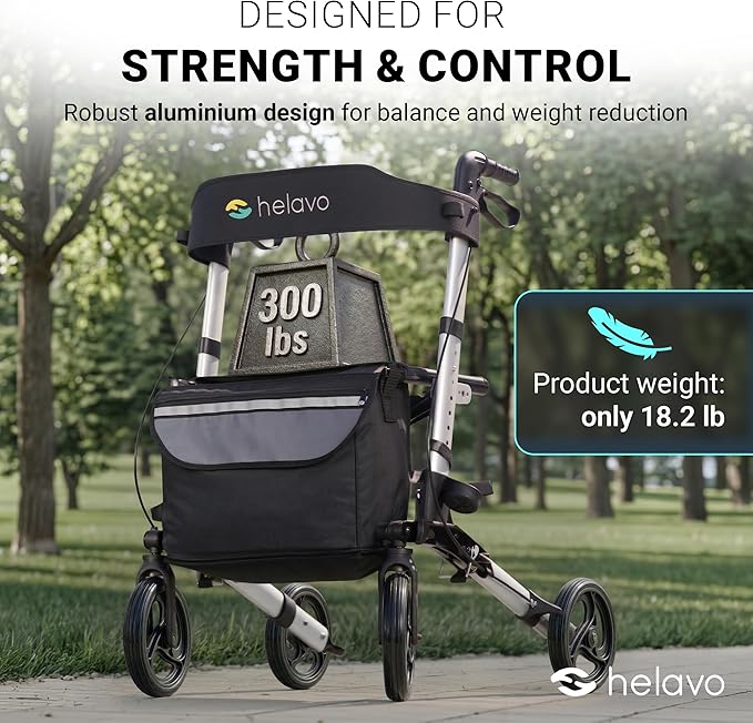 Helavo Foldable Rollator with Seat - Lightweight Aluminum Rolling Walker for Seniors and Adults