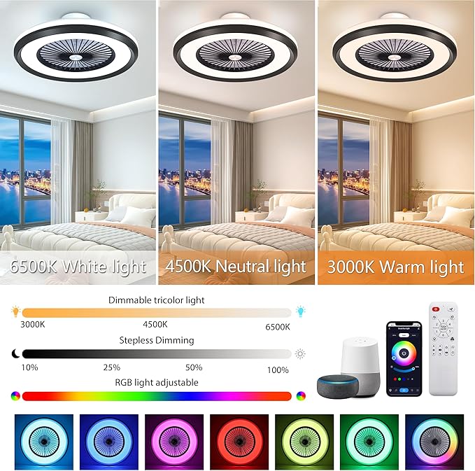 24" Bladeless Ceiling Fans with Lights and Remote/APP/Voice Control, Low Profile Ceiling Fans with with Alexa, Smart Modern Ceiling Fan Dimmable LED Light 6 Speeds Timing Reversible