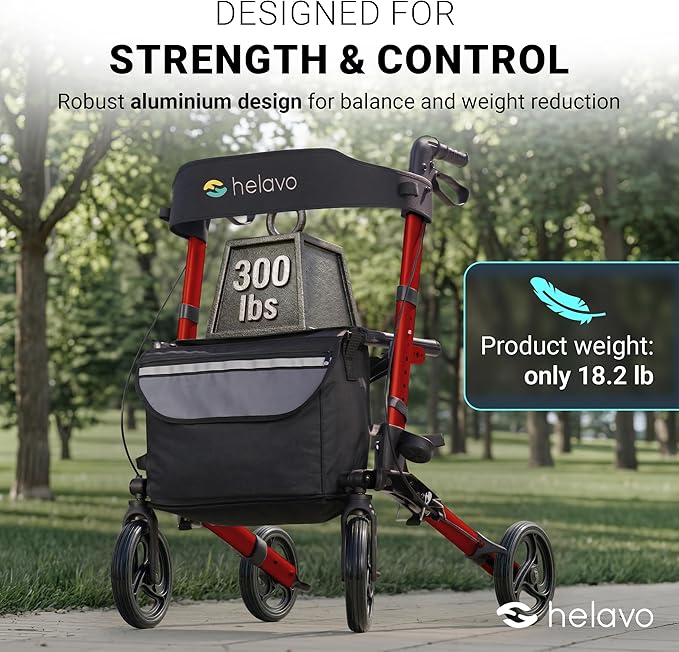 Helavo Foldable Rollator with Seat – 360° Swivel 8" Wheels, 24.8" Wide - Lightweight Aluminum Rolling Walker for Seniors and Adults with Adjustable Height