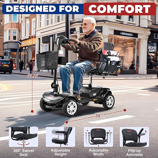 Metro Mobility 4 Wheel Powered Mobility Scooters, 300 lbs Capacity Mobility Scooters for Adults, Folding Mobility Scooter Lightweight, Electric Scooters for Seniors 10 Miles Range LED Light Black