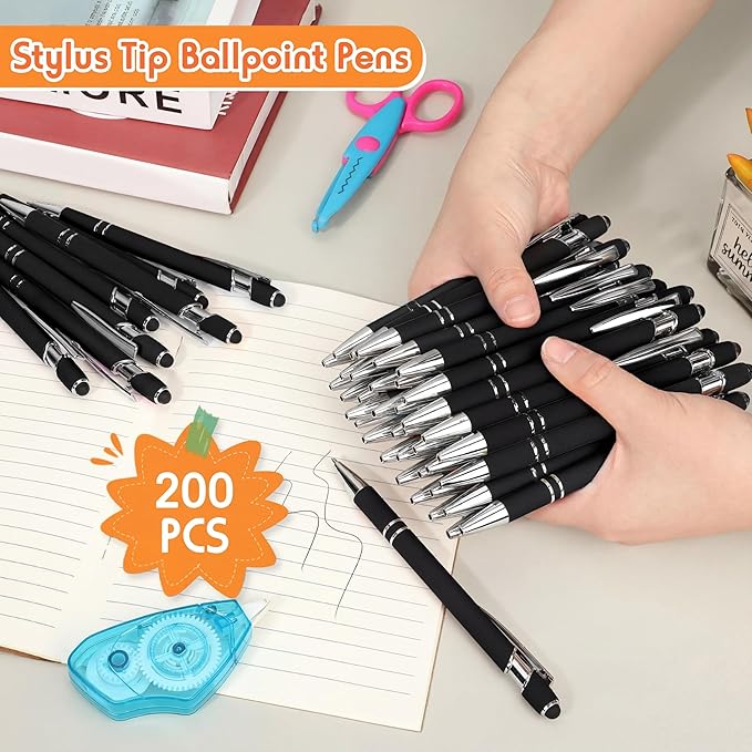 Yeaqee 200-Pack Ballpoint Pen with Stylus Tip Click Black
