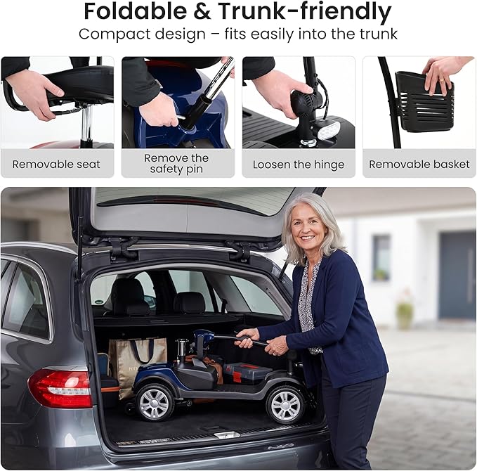 Metro Mobility 4 Wheel Electric Mobility Scooters for Adults - 300 lbs Capacity Folding Mobility Scooter for Seniors, Travel - Long Range Power Extended Battery - Black