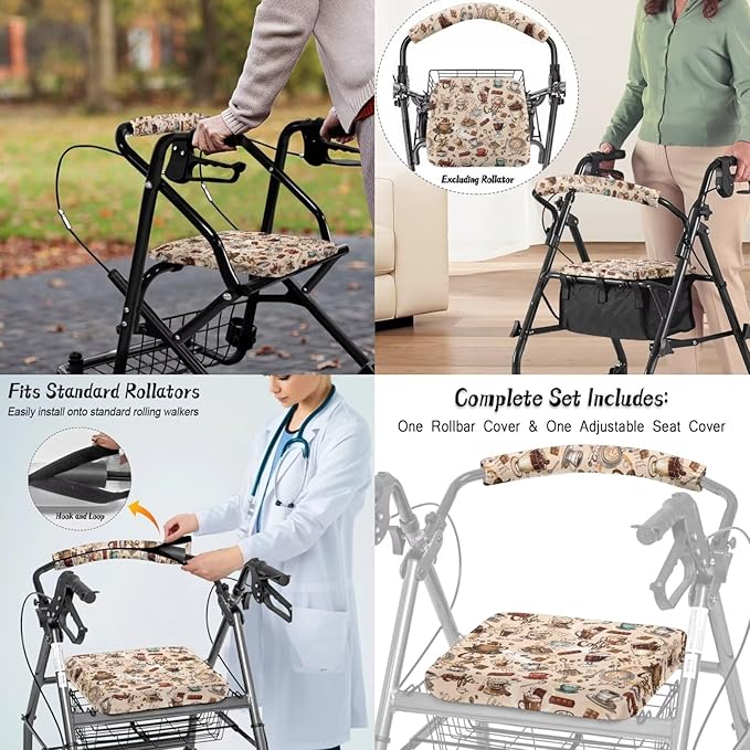 3 Pcs Sets Rollator Walker Accessories Coffee Print Universal Fit Walker Seat Cover Rollator Walker Seat & Backrest Covers, Rollator Storage Under Seat Bag