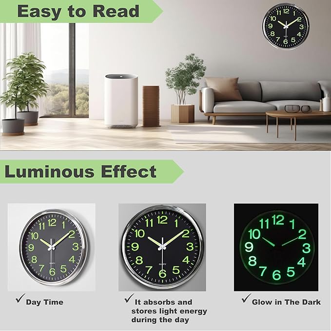 12 Inches Night Light Wall Clocks - with Silent Non-Ticking Glowing Function - Big Solid Numbers Easy to Read Both Day and Night (Black)