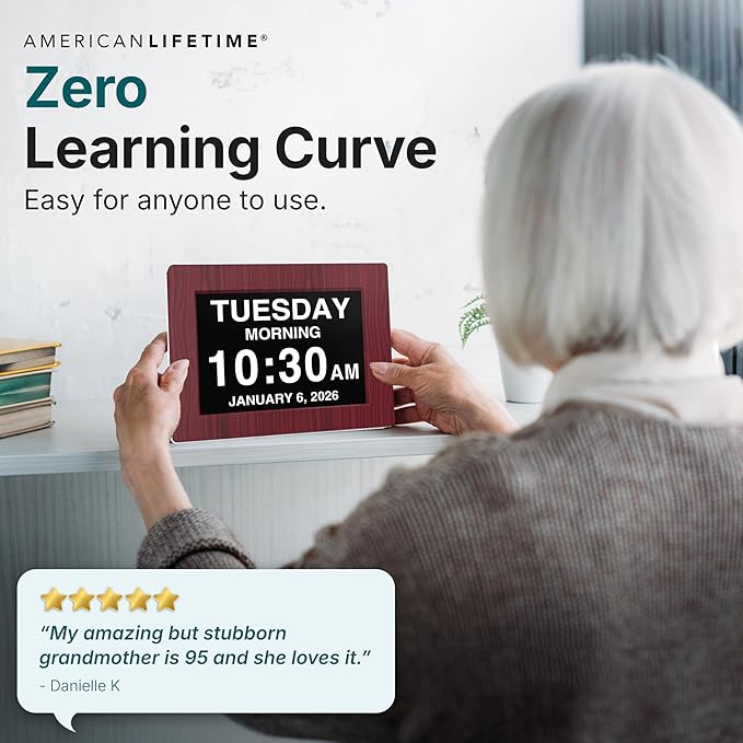 American Lifetime 【New 2023】 Dementia Clock Large Digital Clock for Seniors, Digital Clock Large Display with Custom Alarms, Clock with Day & Date for Elderly, Large Number Digital Clock Mahogany