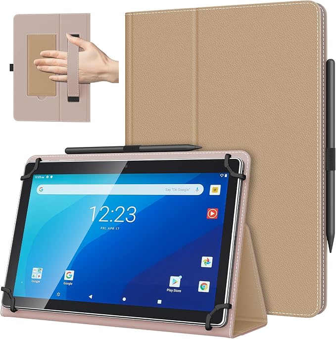 TiMOVO Universal Case for 10.1 Inch Android Tablet with Pen Loop, Lightweight Folding Stand Cover with Hand Strap for All 9.6"-11" Touchscreen Tablet, Clay