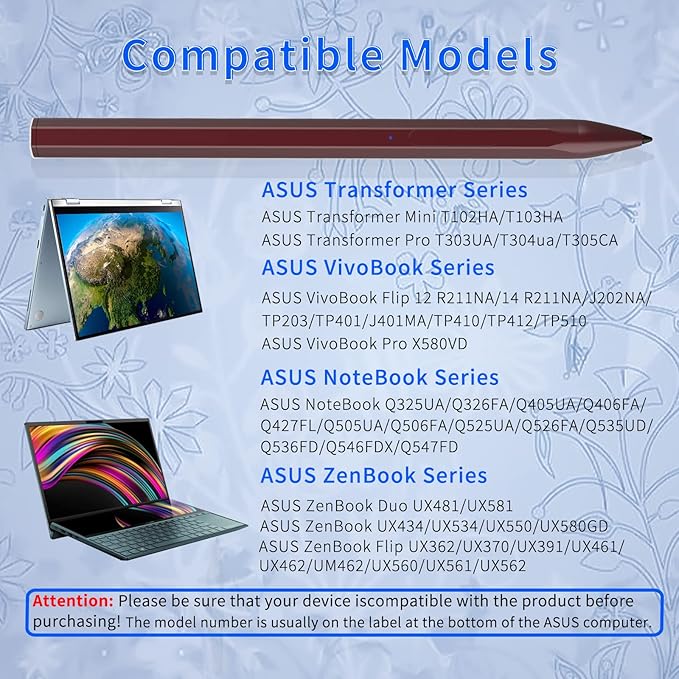 Stylus Pen for ASUS Transformer/Mini/ASUS Zenbook Flip/Pro/ASUS Vivobook Flip/Pro/Duo/ASUS Notebook, Rechargeable MPP 2.0 Tilt Active Pen with 4096 Pressure Sensitivity, Palm Rejection, Red